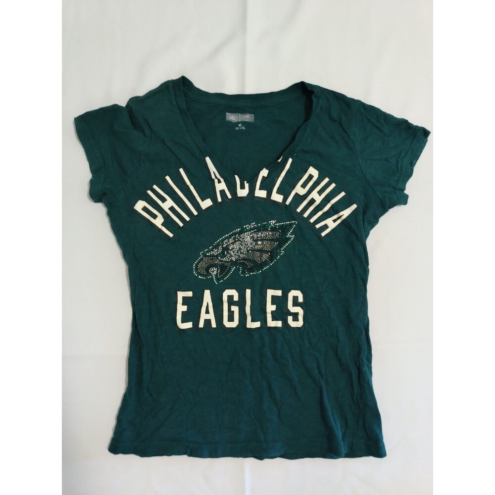 Philadelphia Eagles Womens M NFL Green Rhinestone V Neck T Shirt Team Apparel